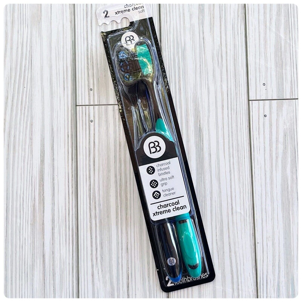 Brush Buddies Set of 2 Charcoal Xtreme Clean Toothbrushes Soft. Tongue Cleaner.